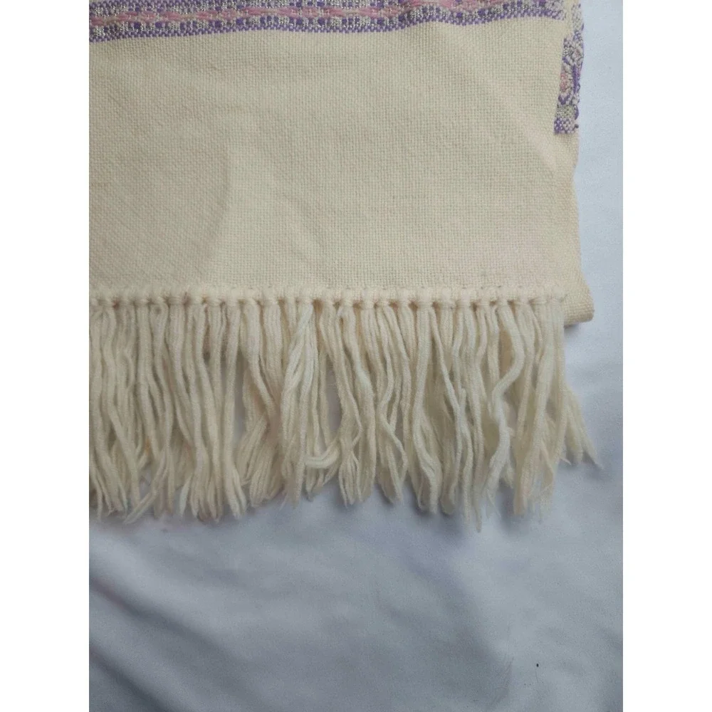 Hand Woven Table Runner Scarf Cream Purple Pink Fringe Artisanal Woven Decor 35